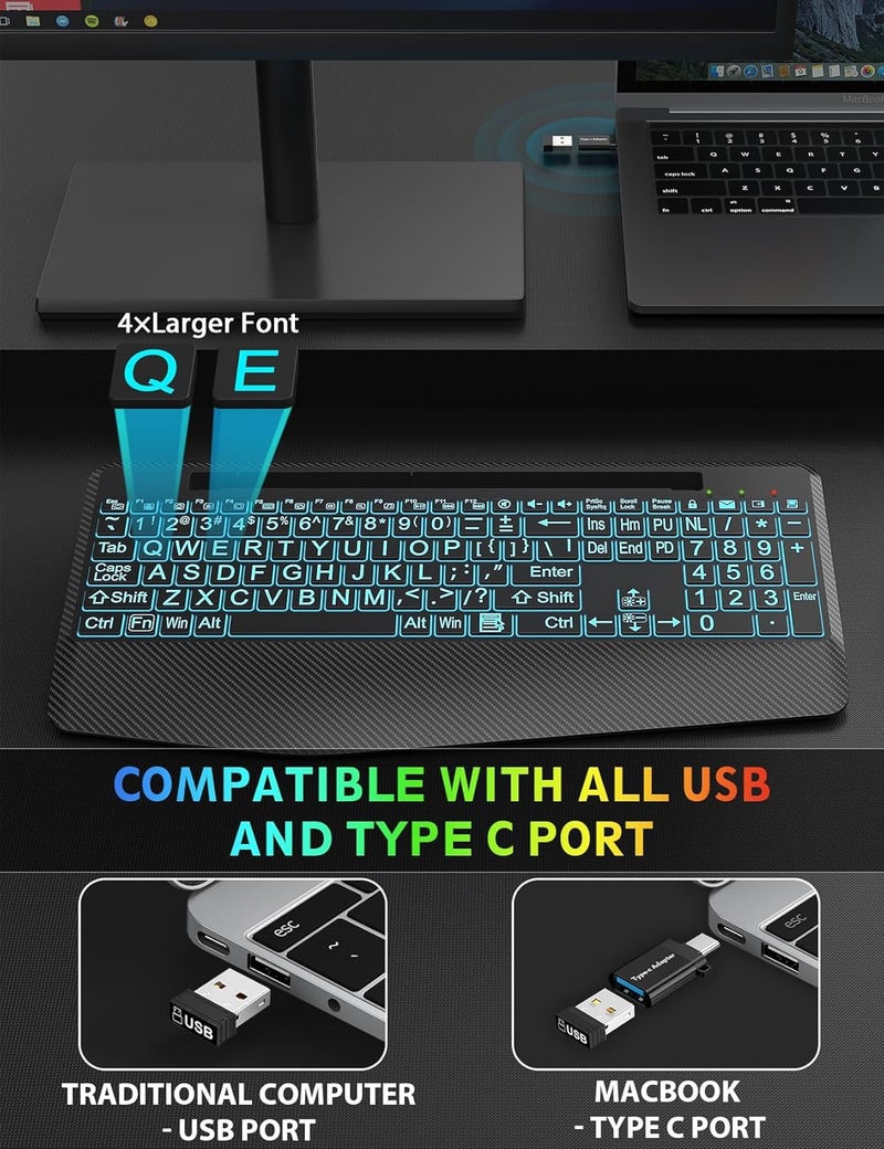 SABLUTE Wireless Keyboard and Mouse Backlits, Wrist Rest, LED Mouse, Rechargeable Ergonomic Keyboard with Phone Holder, Silent Light Up Combo for Computer, Mac, PC, Laptop, Chromebook (Black Large Print) - Image 2